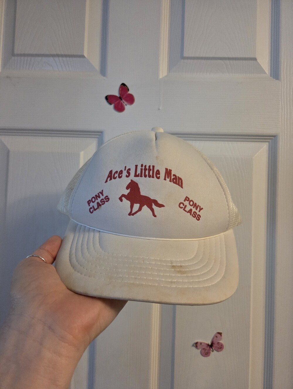 Vintage white & red hat some wear & needs cleaning Ace's Little Man Pony Class